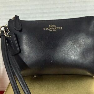 Coach Black Leather Wristlet with Gold-Tone Logo Accent